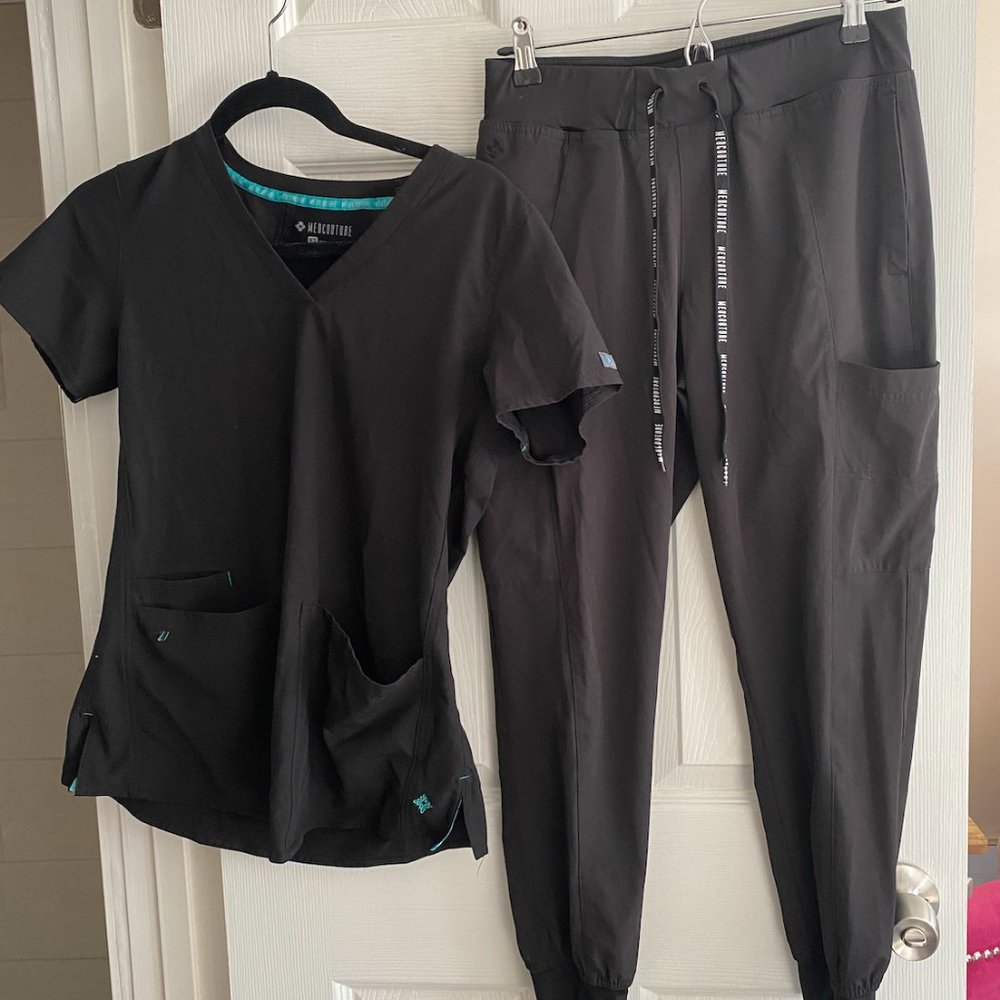 4 Scrub Sets (Med Couture and Barco brands), XS Petite (Colors: black, navy, tea